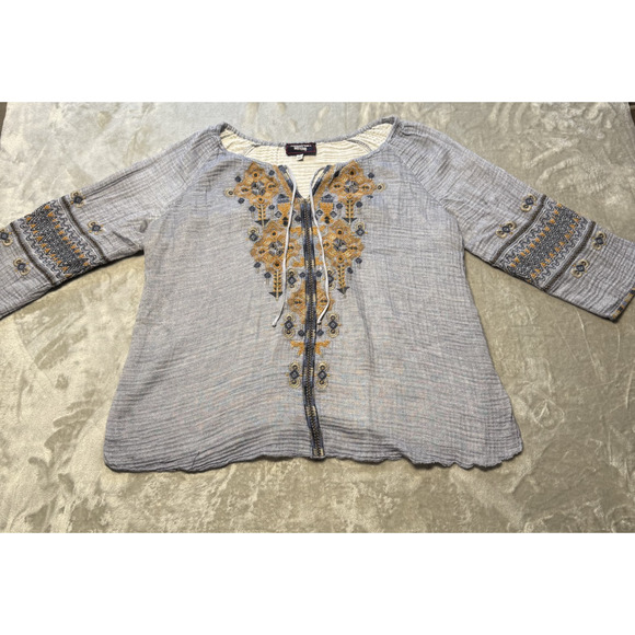 Johnny Was Chambray Floral Embroidered Top Bell Sleeve Boho Size Large Women's - Picture 2 of 14